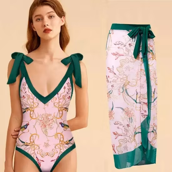 Huilin Factory Manufacture Long Sleeve Sheer Mesh Bodysuit Beachwear with Colorful Printed Swimwear Women One Piece Swimsuits